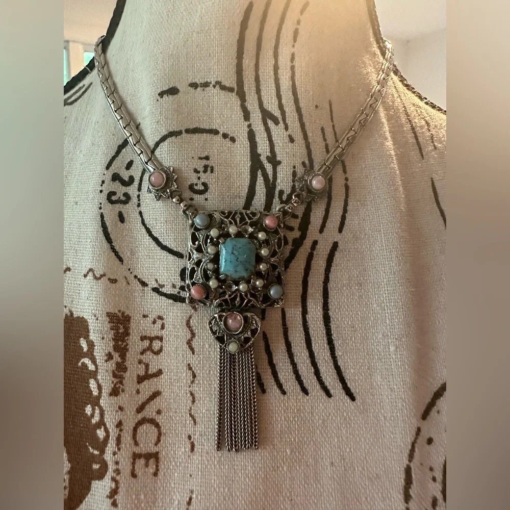 Vintage Etruscan Choker Necklace Tassel Heart Silver Tone Unsigned MCM Statement